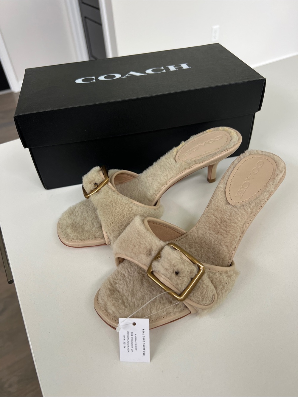 Coach shearling buckle open toe mule sandals natural cream 8.5